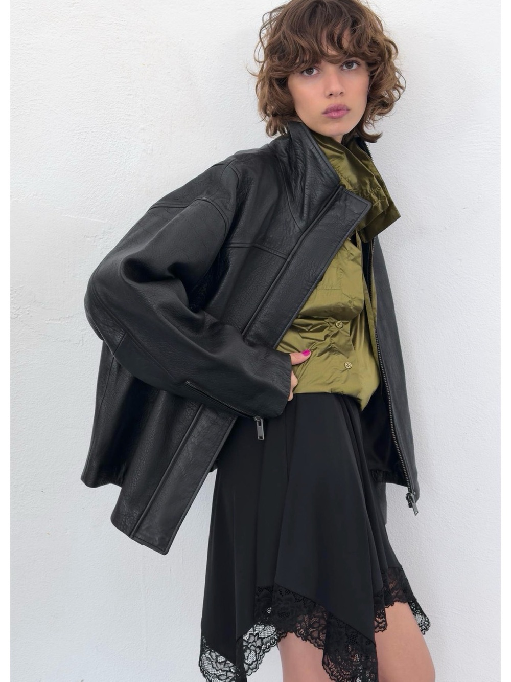 Zara Black 100% Leather Bomber Jacket with Metal Zip